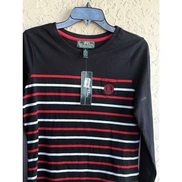 Lauren Ralph Lauren NWT Black w/ Red White Stripes LRL Crest  Womans Blouse Sz M - Picture 1 of 11